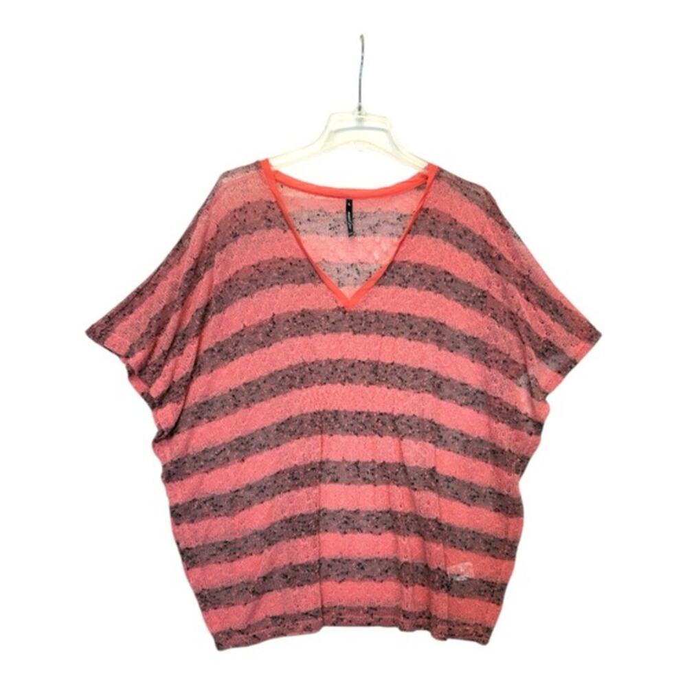 Umgee Pink Black Striped Gauze V-Neck Tunic Top Oversized Sheer Large